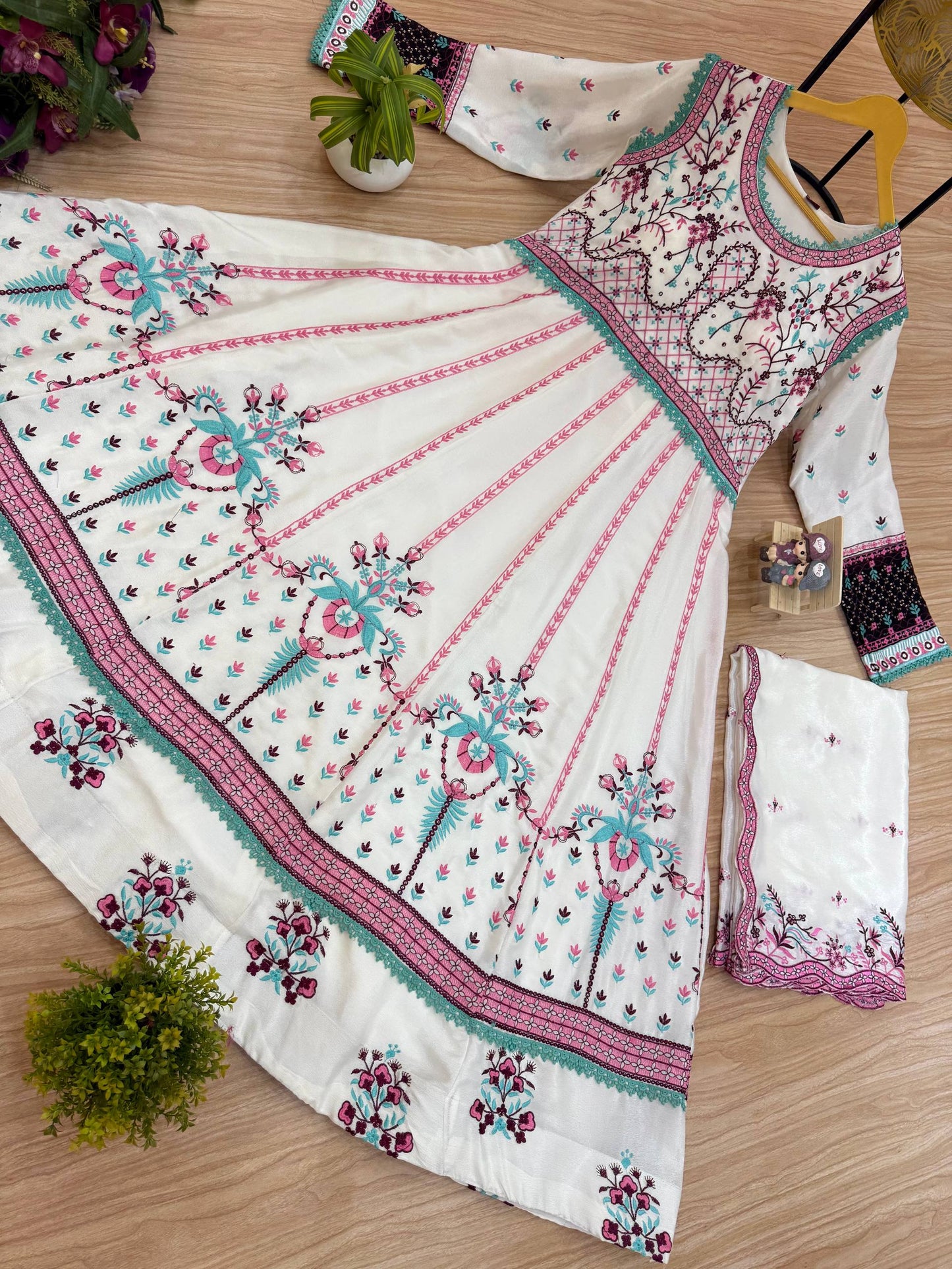 Elegant White & Pink Floral Embroidered Anarkali with Dupatta