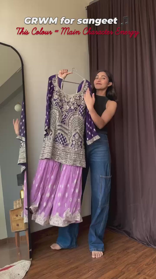 Lavender & Purple Heavy Embroidered Georgette Sharara Suit with Dupatta | Festival Special Three-Piece Set