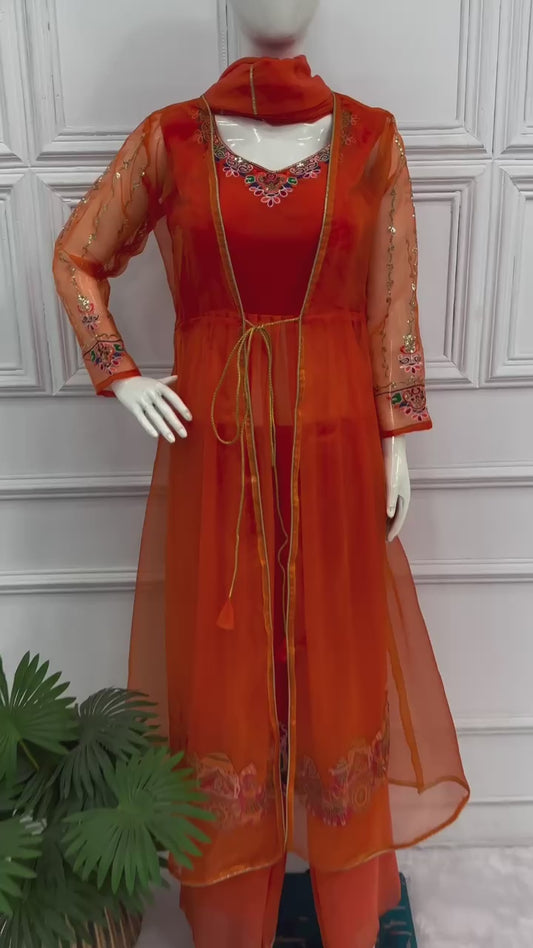 Festival Special Embroidered Indo-Western Anarkali Suit Set with Shrug, Dupatta & Palazzo | Heavy Georgette Fabric