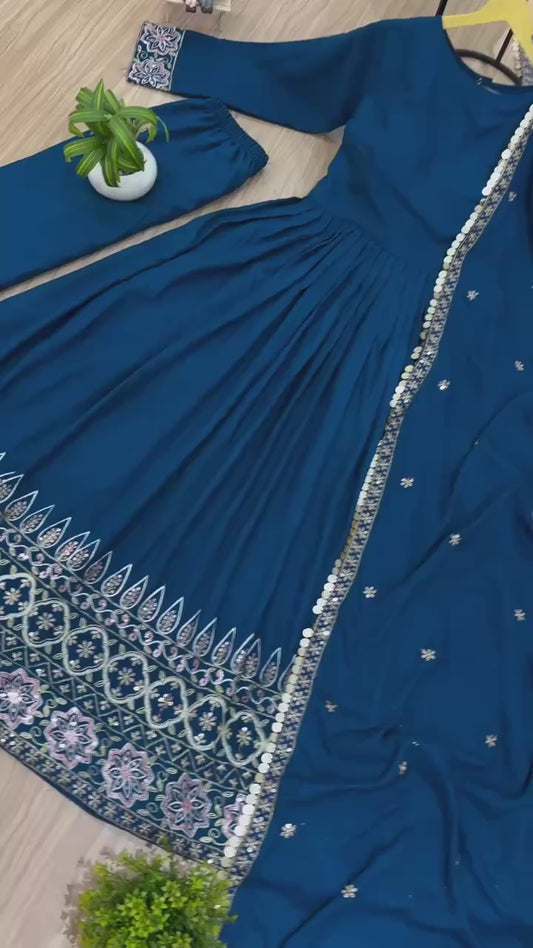 Trending Rayon Gown Set with Embroidered Daman &amp; Dupatta