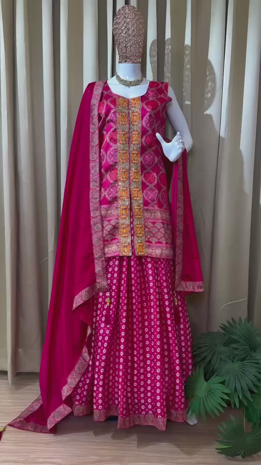 Premium Chinon 3-Piece Set – Embroidered Banarasi short kurti, Digital Print Lehenga & Lace Border Dupatta